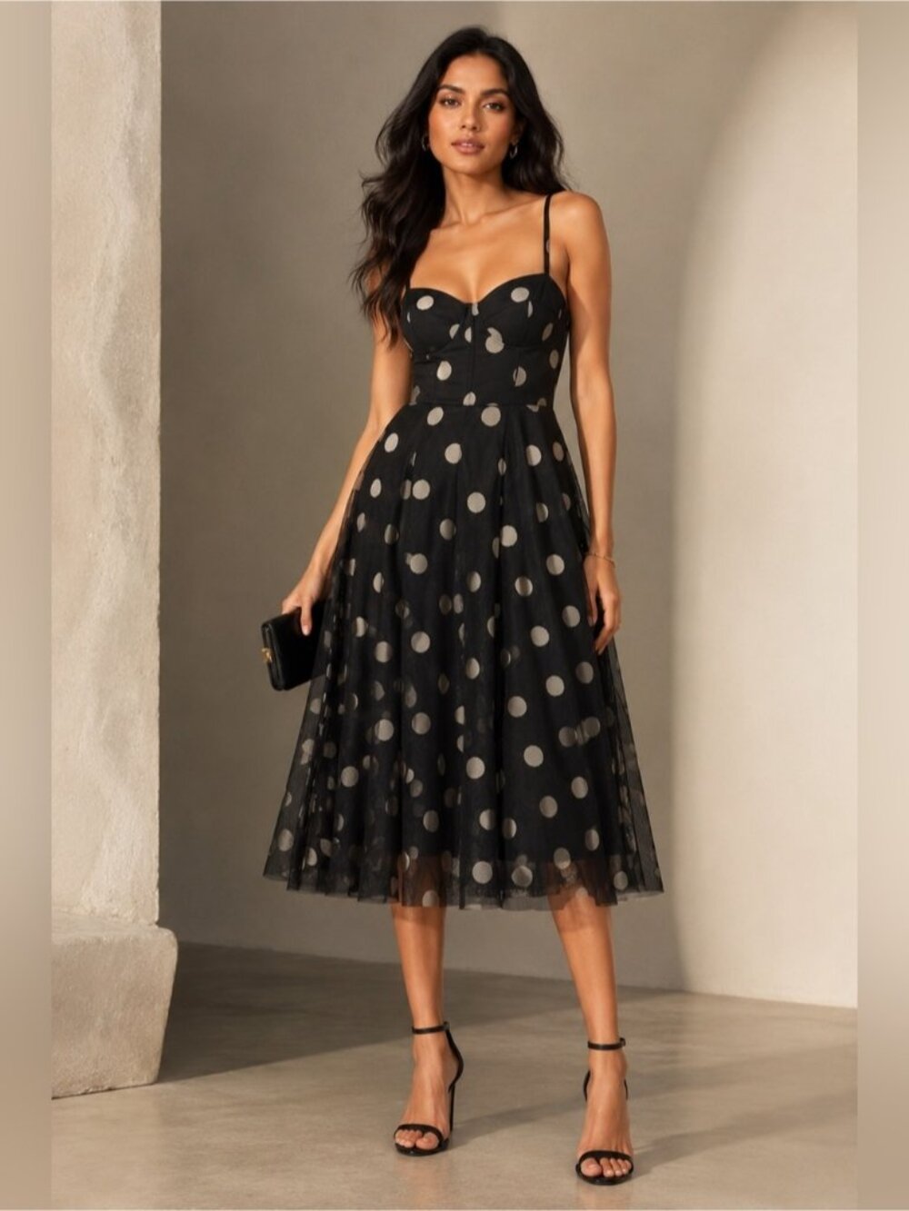 BCBGMAXAZRIA Black Polka Dot Mesh Midi Dress | Fit & Flare | Size 4